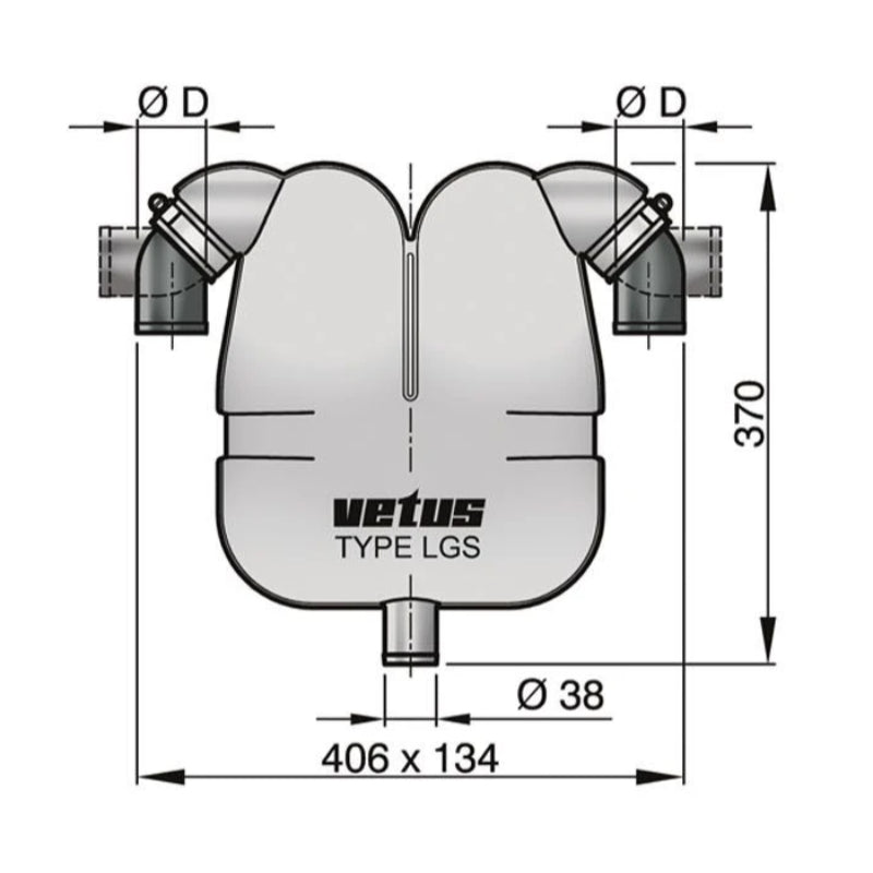 VETUS gas/water separator, 45mm rotating connections, 38mm drain