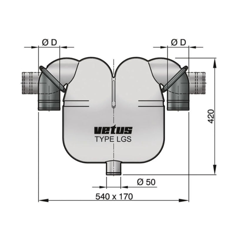 VETUS gas/water separator, 60mm rotating connections, 50mm drain