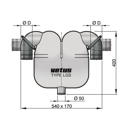 VETUS gas/water separator, 60mm rotating connections, 50mm drain